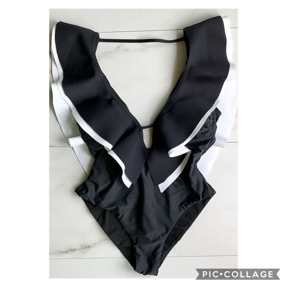Anthro Basta Surf Ruffle Back Plunge One Piece